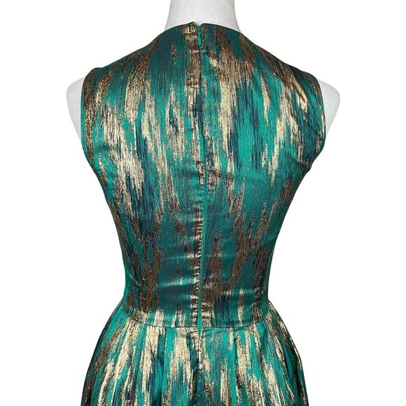 Michael Kors Emerald Green & Metallic Gold Sleeveless Fit & Flare Cocktail Dress - Picture 8 of 11
